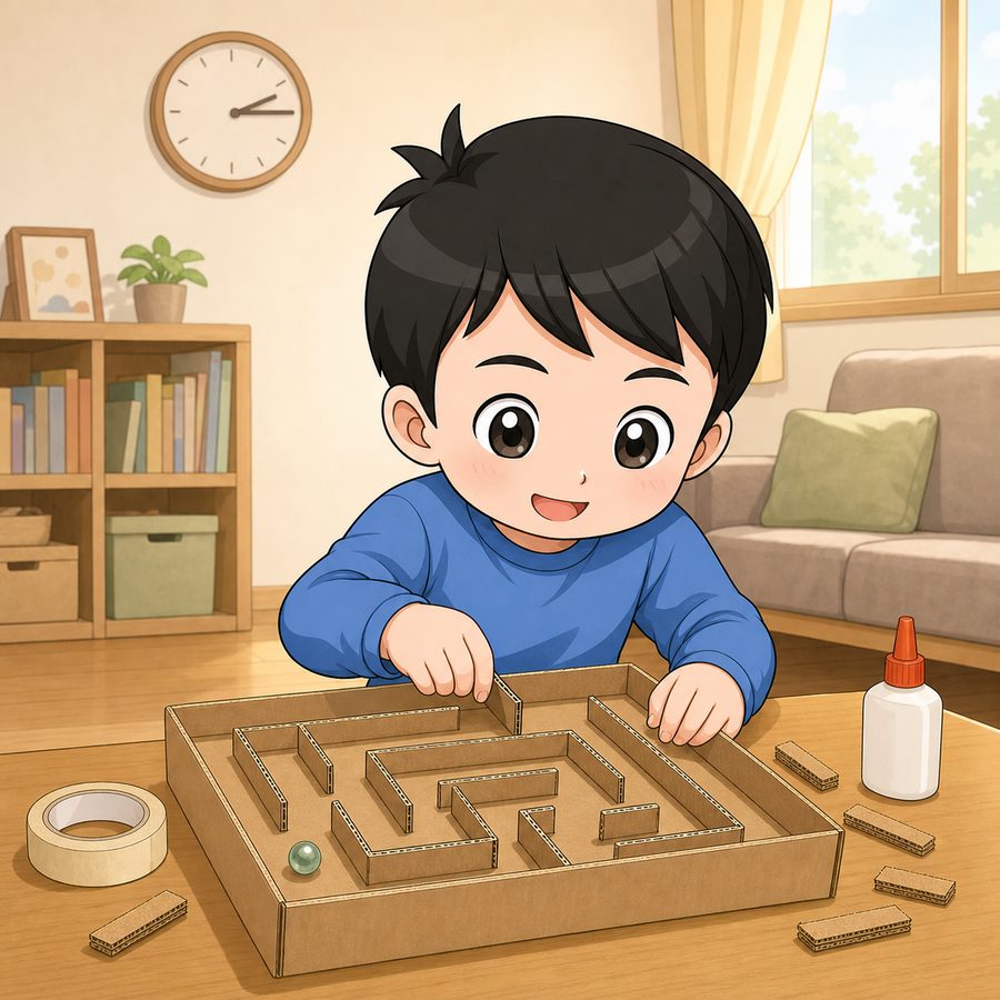 段ボールでビー玉迷路を作ることに夢中になっている男の子のイラスト