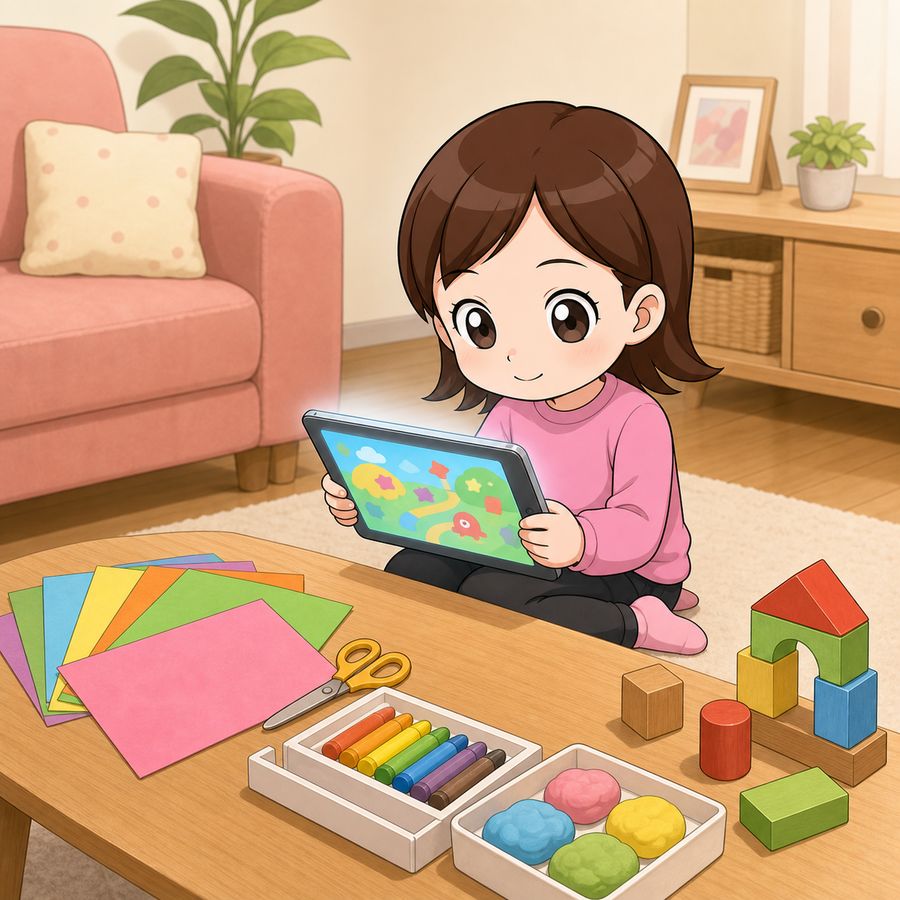 工作の材料が並ぶテーブルの前で、タブレットの画面を見ている女の子のイラスト