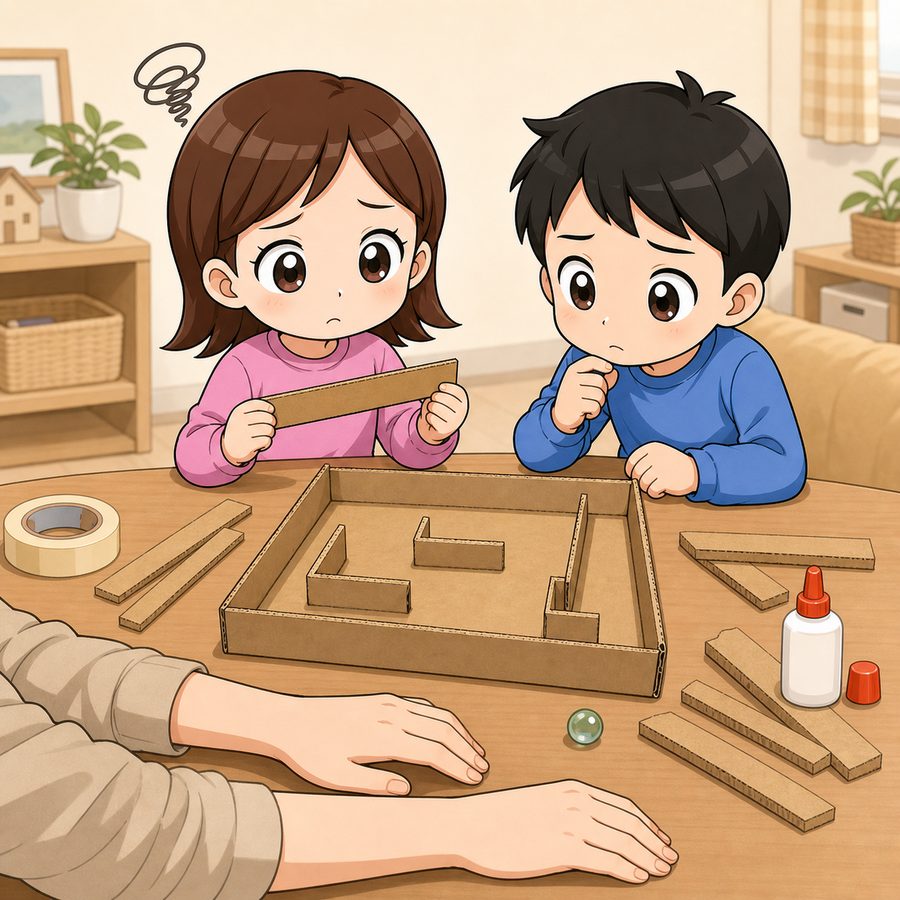 作りかけの段ボール迷路を前に手が止まってしまった子どもたちと、手を出す大人のイラスト