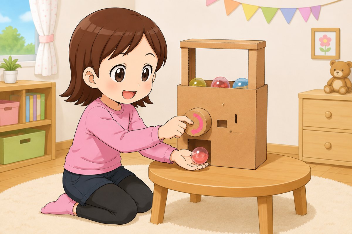 ダンボールガチャの工作を楽しむ女の子のイラスト