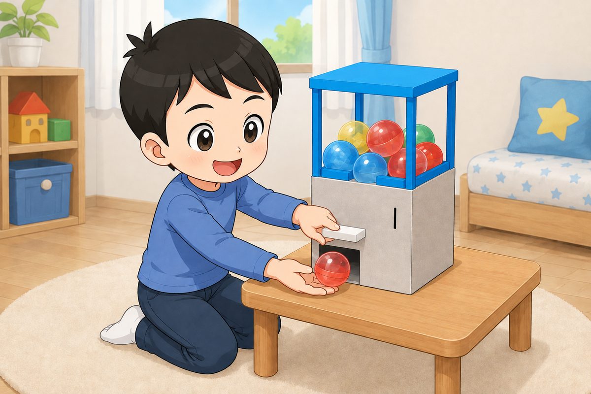 工作用紙ガチャの工作を楽しむ男の子のイラスト
