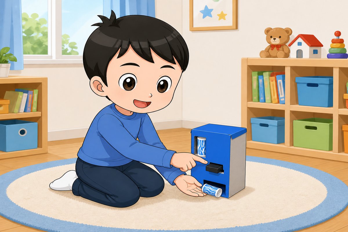 ボタン式自動販売機の工作を楽しむ男の子のイラスト