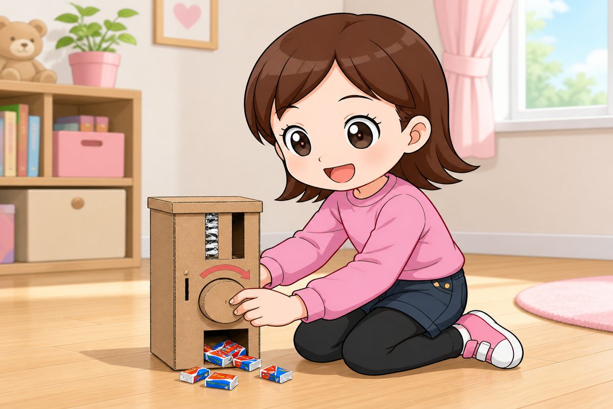 コーラガム自販機の工作を楽しむ女の子のイラスト