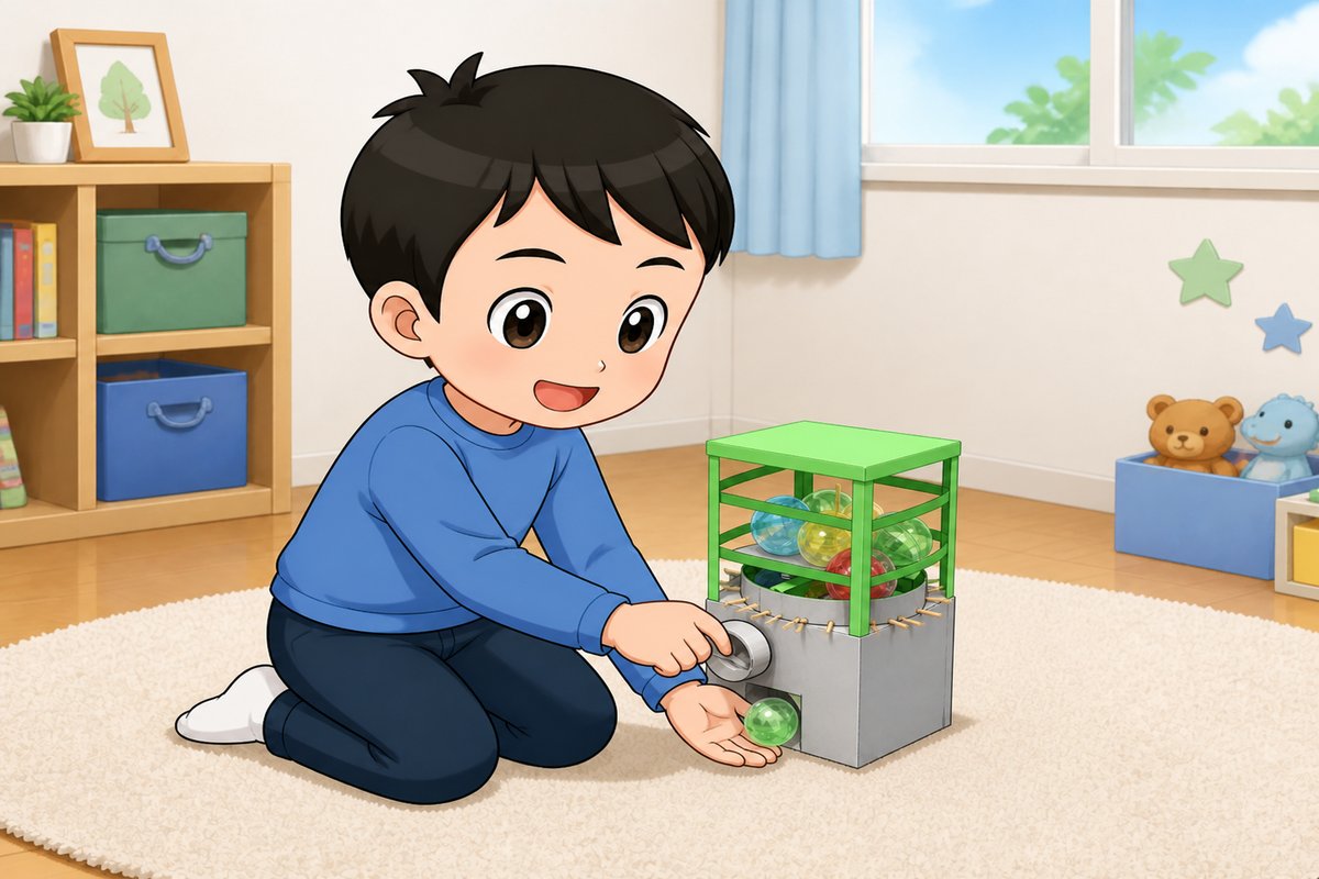 歯車式ガチャの工作を楽しむ男の子のイラスト