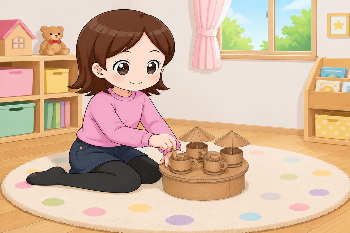 コーヒーカップの工作を楽しむ女の子のイラスト