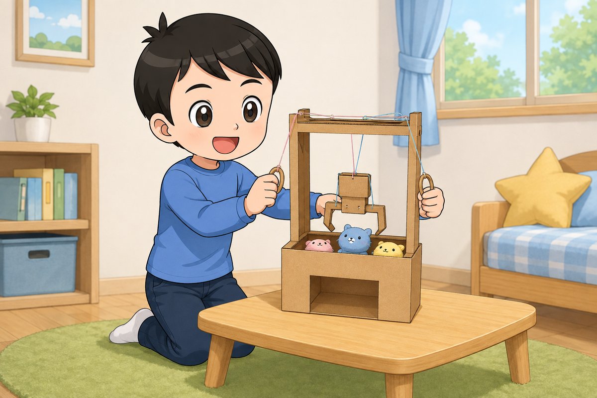クレーンゲームの工作を楽しむ男の子のイラスト