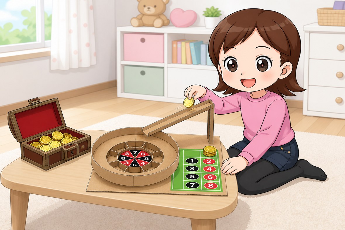 カジノルーレットの工作を楽しむ女の子のイラスト