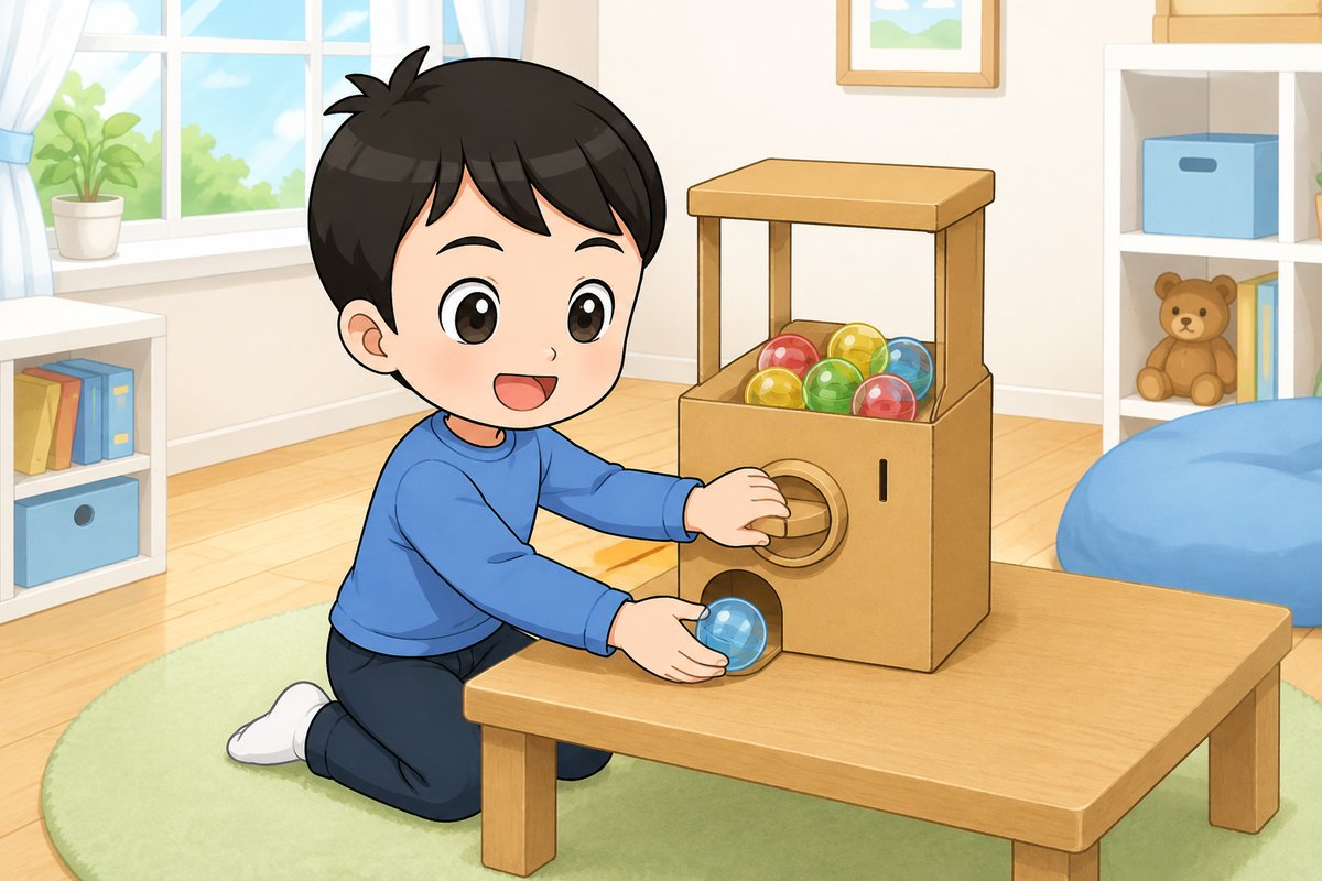 ガチャガチャの工作を楽しむ男の子のイラスト