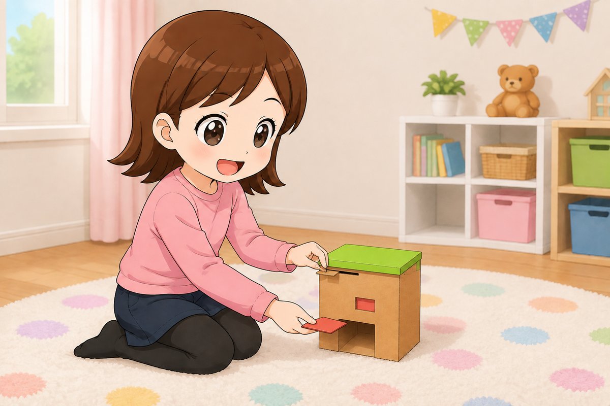 おこづかいマシーンの工作を楽しむ女の子のイラスト
