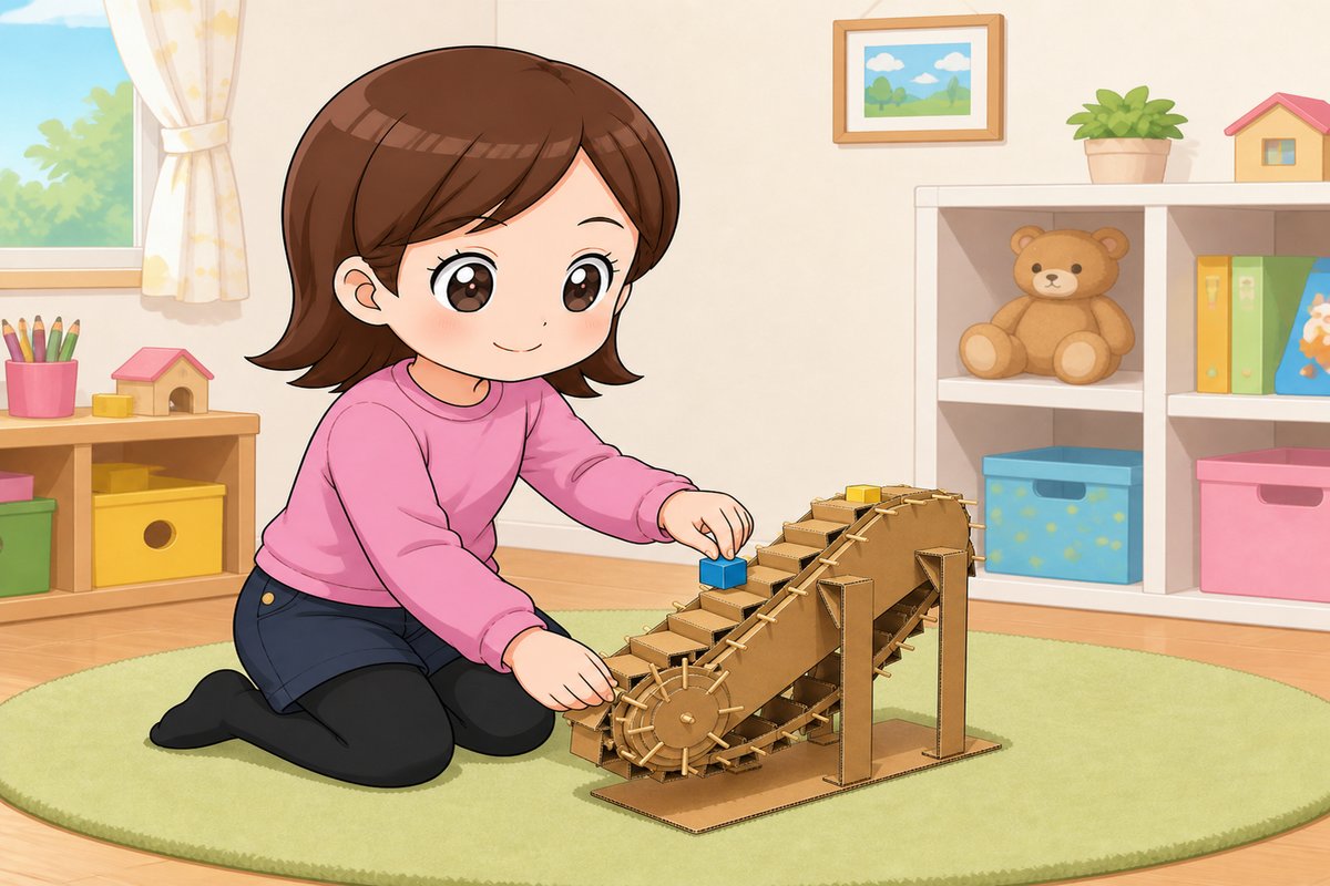 エスカレーターの工作を楽しむ女の子のイラスト