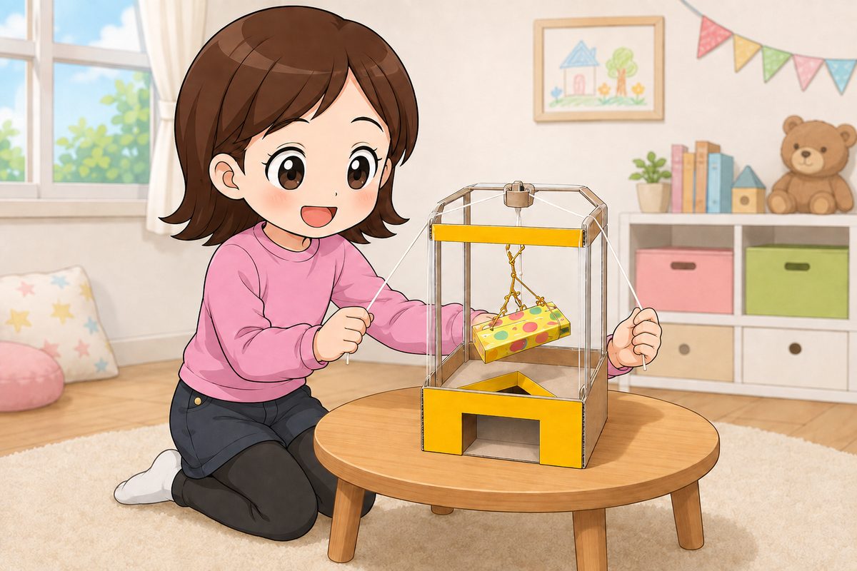 針金式クレーンゲームの工作を楽しむ女の子のイラスト