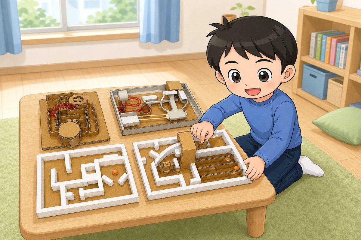 ダンボール迷路の工作を楽しむ男の子のイラスト