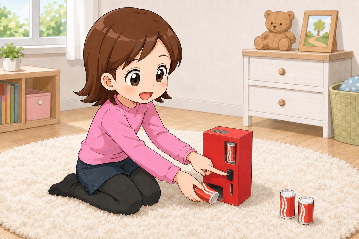コイン式自動販売機の工作を楽しむ女の子のイラスト