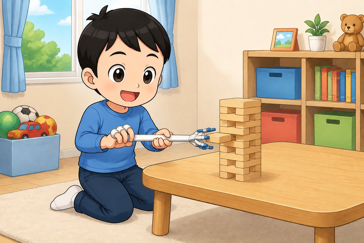 ロボットハンドの工作を楽しむ男の子のイラスト