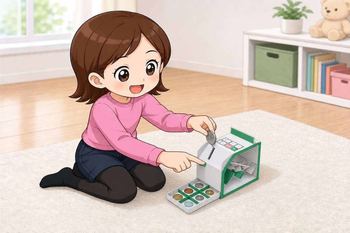 ATM貯金箱の工作を楽しむ女の子のイラスト