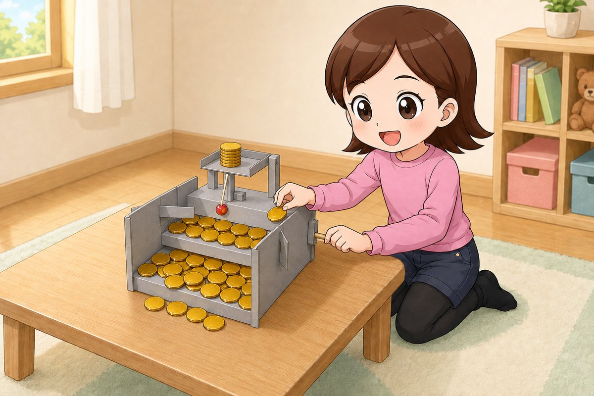メダルゲームの工作を楽しむ女の子のイラスト