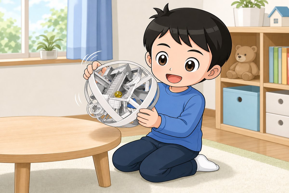 立体迷路の工作を楽しむ男の子のイラスト