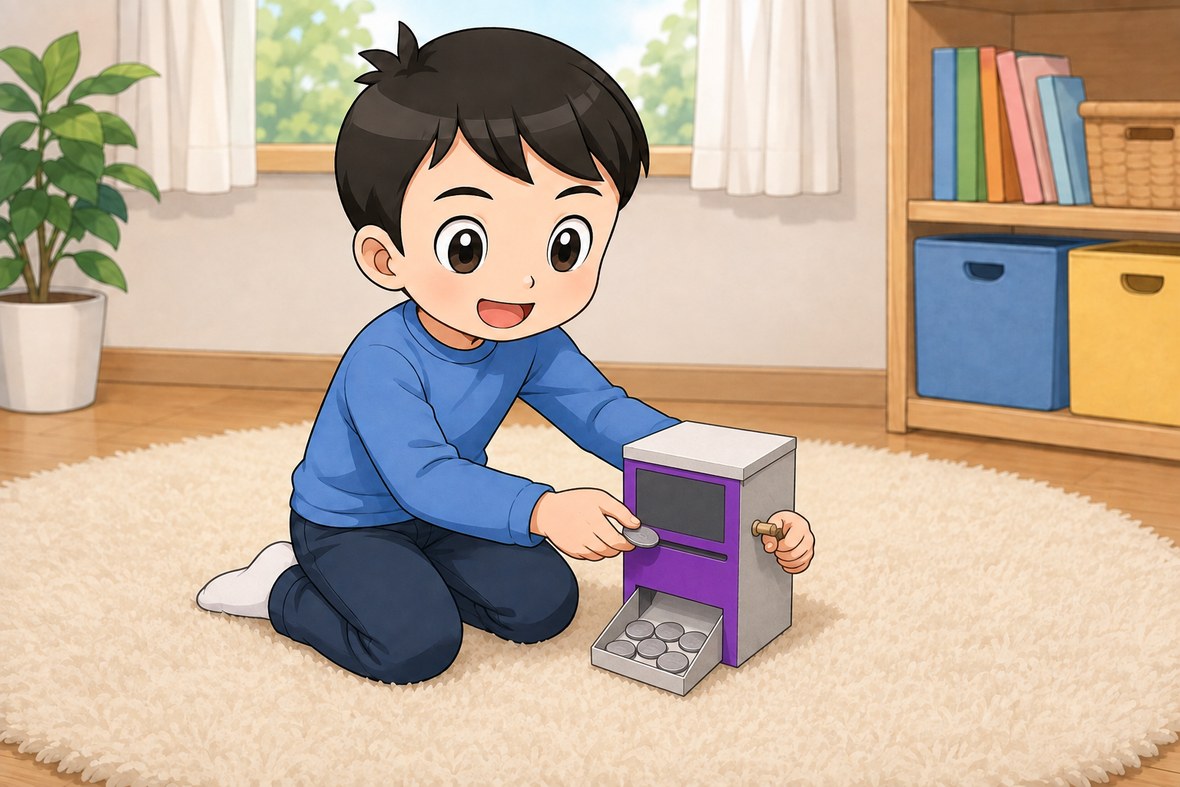 工作用紙両替機の工作を楽しむ男の子のイラスト