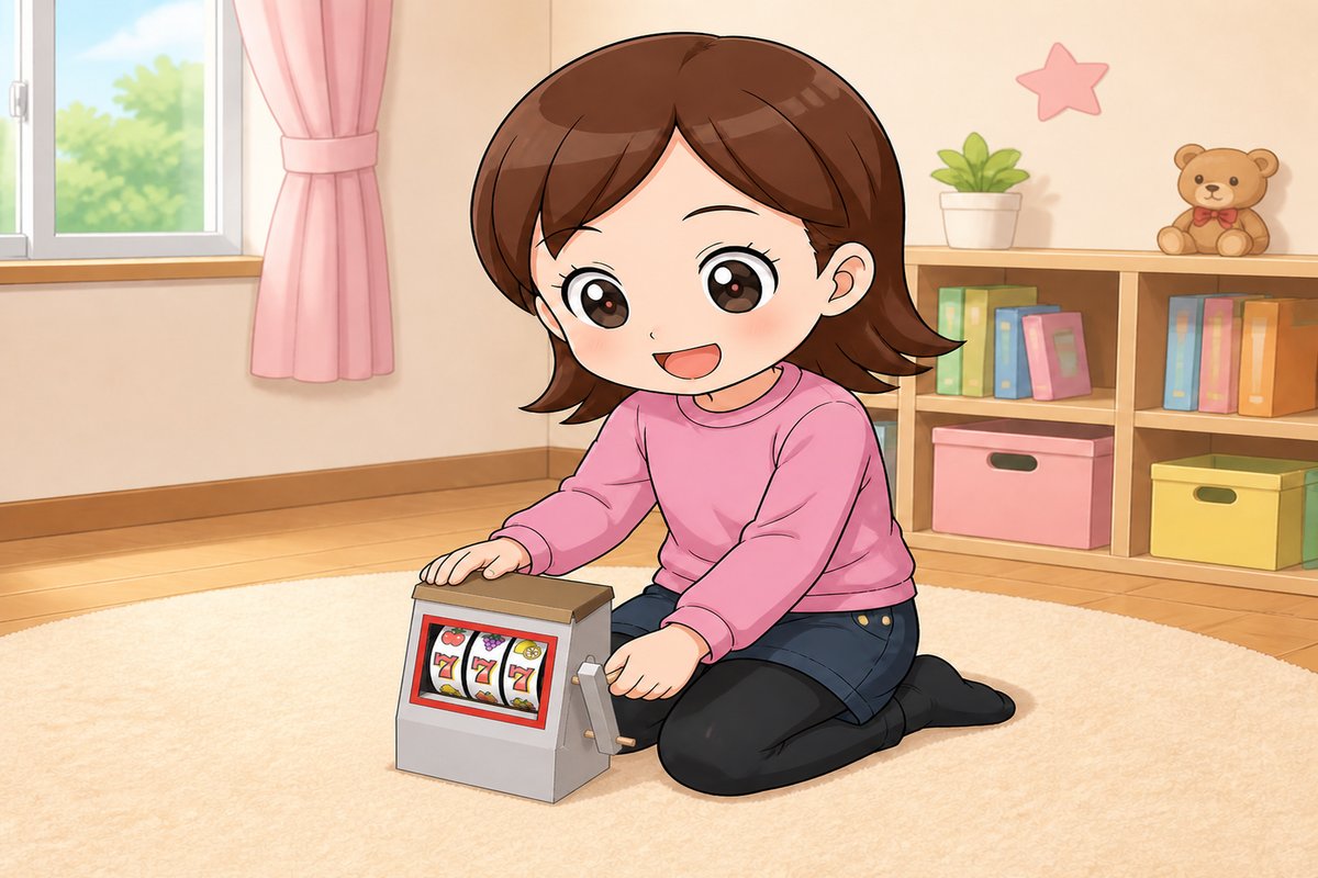 スロットマシンの工作を楽しむ女の子のイラスト