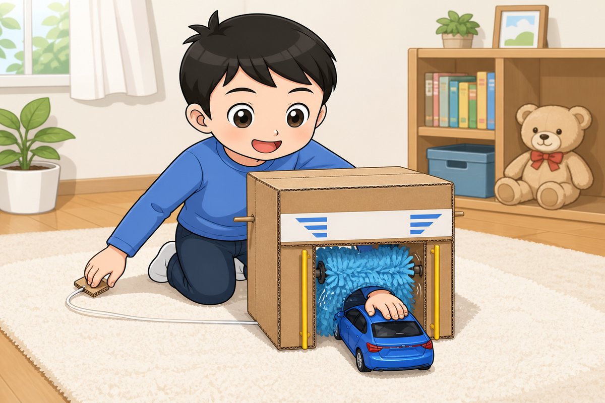 洗車機の工作を楽しむ男の子のイラスト