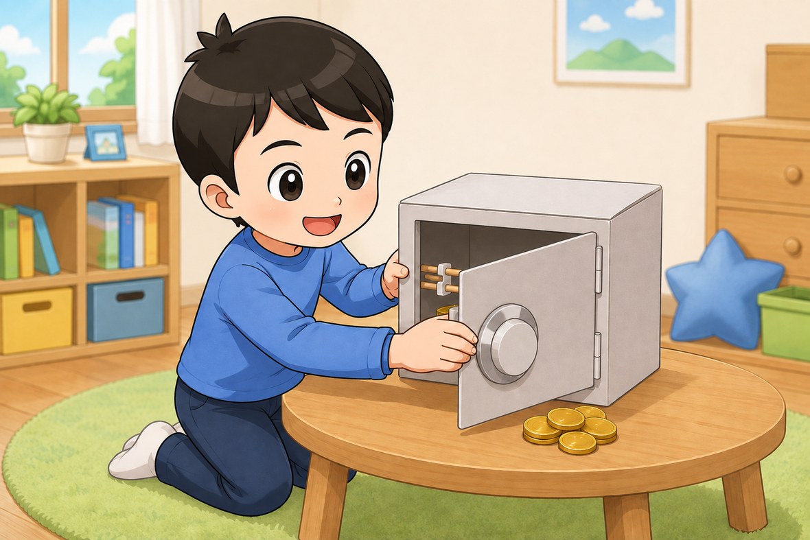 金庫の工作を楽しむ男の子のイラスト