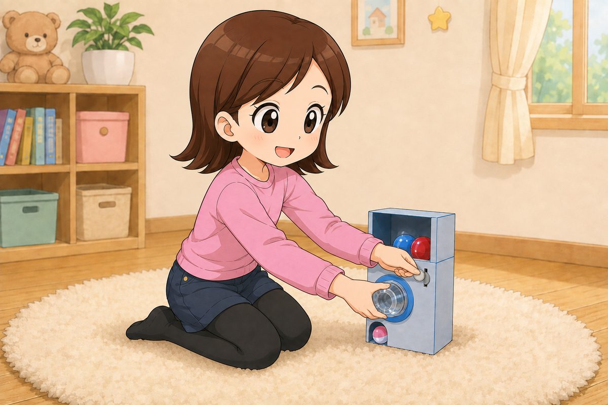 元祖ガチャの工作を楽しむ女の子のイラスト