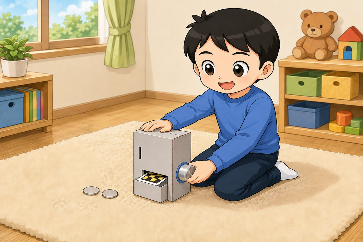 カードダスの工作を楽しむ男の子のイラスト