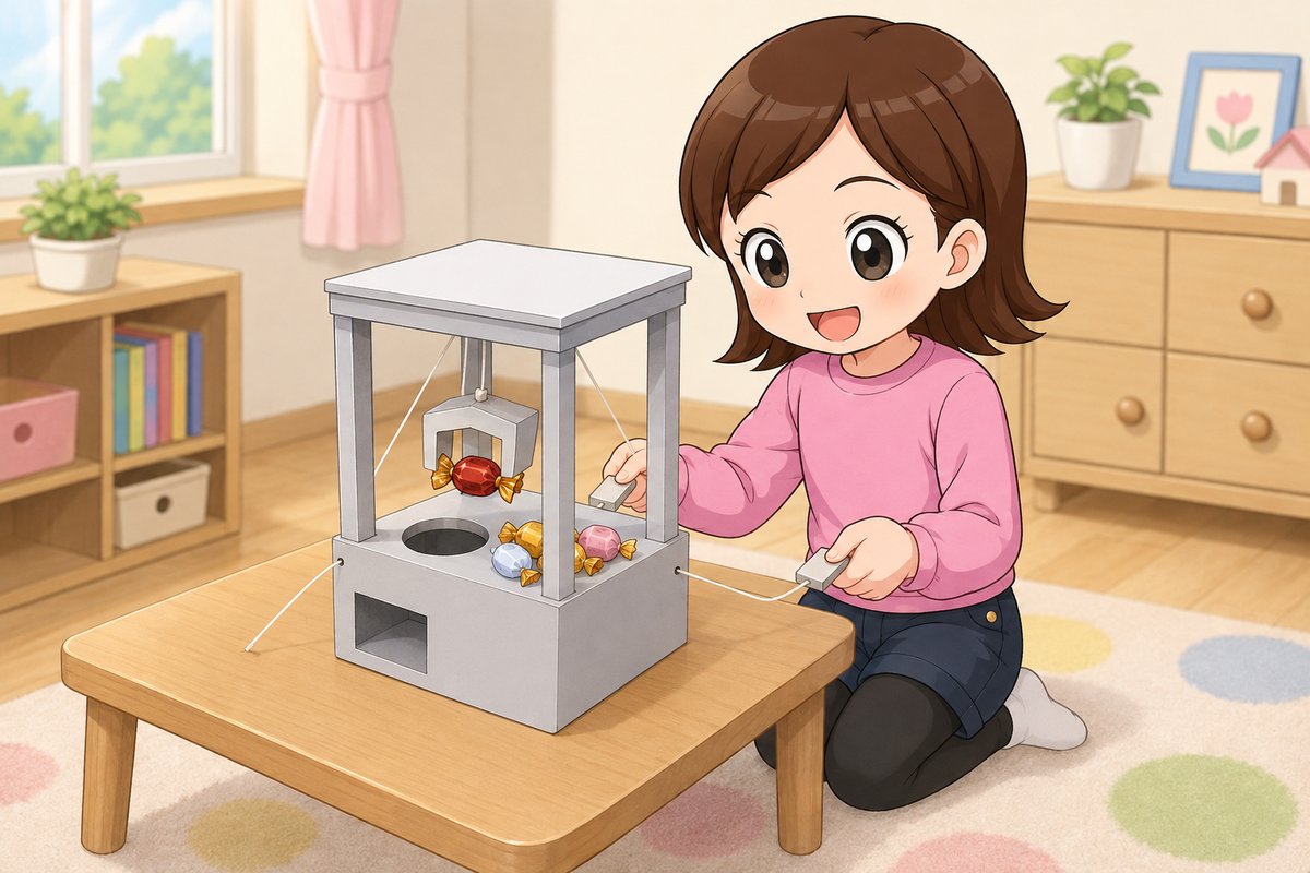 UFOキャッチャーの工作を楽しむ女の子のイラスト