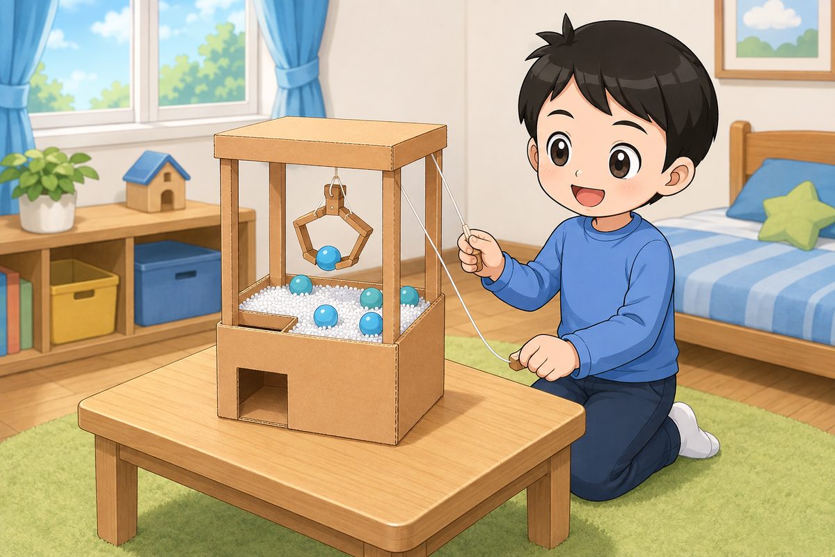 ダンボールクレーンゲームの工作を楽しむ男の子のイラスト