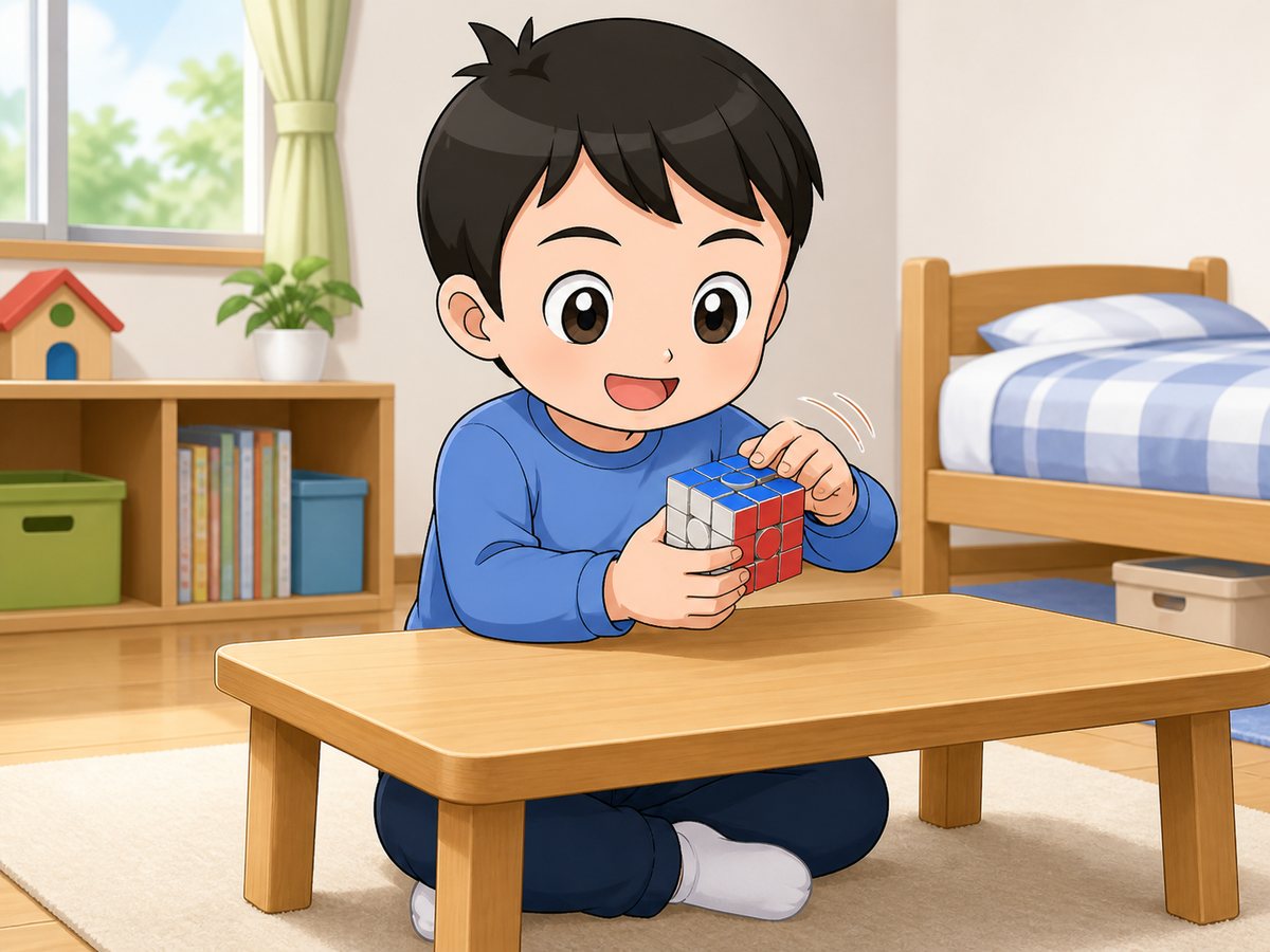 机に向かってルービックキューブに没頭している男の子のイラスト