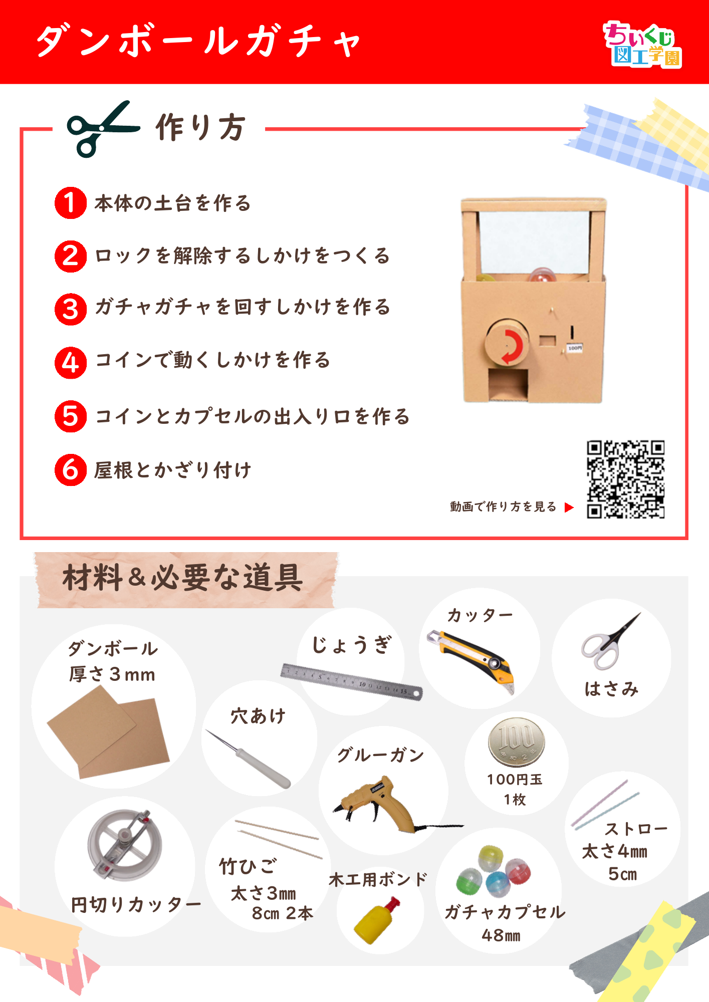 コインで動くダンボールガチャの目次と材料・道具