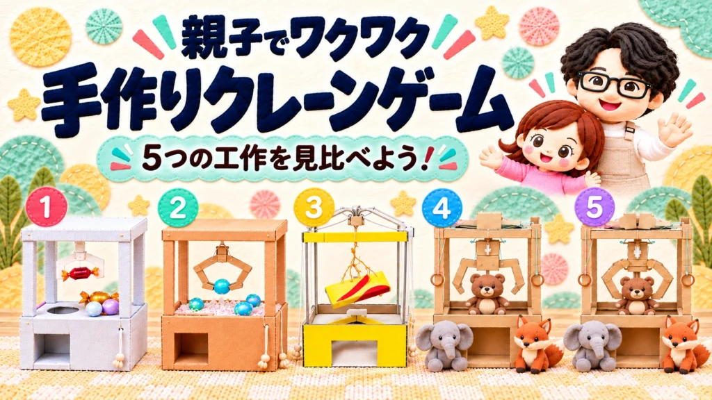 5つの手作りクレーンを横一列で比較、熊・象・狐の景品とちいくじ・女の子